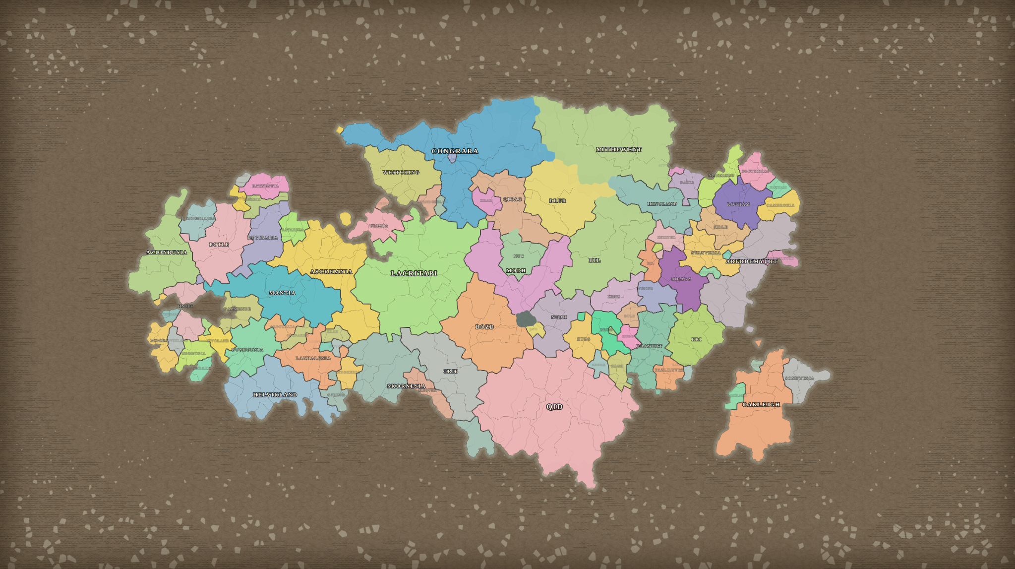 The world map of Paran, showing its many color-coded realms and borders